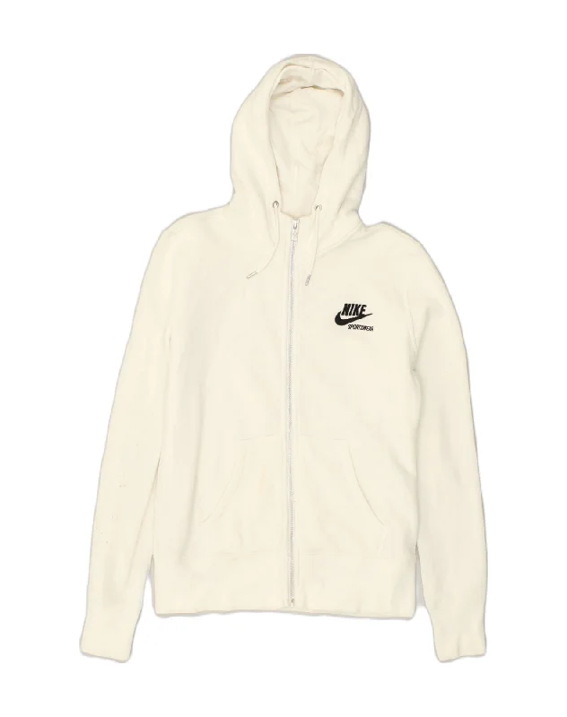 NIKE Womens Zip Hoodie Sweater UK 12 Medium White Cotton Hooded Caped Shawl Collar