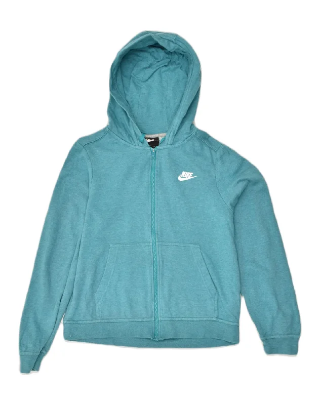 NIKE Womens Zip Hoodie Sweater UK 8 Small Blue Cotton Glossy Satin Silk