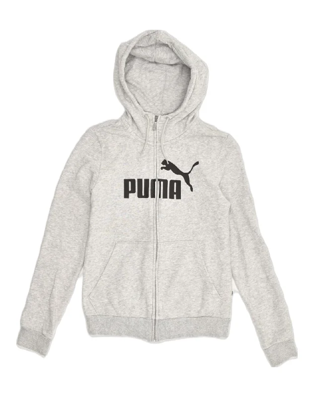 PUMA Womens Graphic Zip Hoodie Sweater Size 8 Small Grey Cotton Fitted Slim Tailored PUMA Womens Graphic Zip Hoodie Sweater Size 8 Small Grey Cotton Fitted Slim Tailored