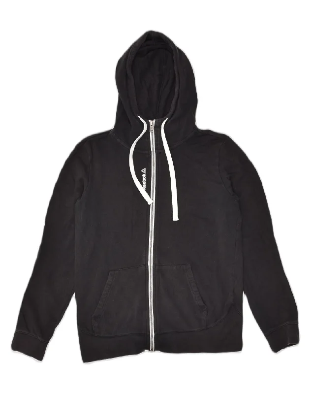 REEBOK Womens Zip Hoodie Sweater UK 10 Small Black Cotton Notch Collar Peter Pan Collar Cowl Neck REEBOK Womens Zip Hoodie Sweater UK 10 Small Black Cotton Notch Collar Peter Pan Collar Cowl Neck