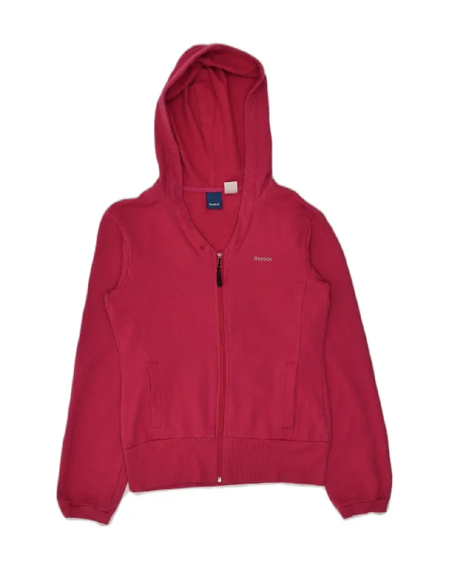 REEBOK Womens Zip Hoodie Sweater UK 12 Medium Pink Cotton Neon Metallic Matte