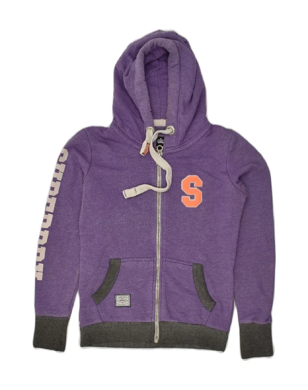 SUPERDRY Womens Big Graphic Zip Hoodie Sweater UK 10 Small Purple Cotton Wool Fabric Cashmere Fabric Tweed Fabric SUPERDRY Womens Big Graphic Zip Hoodie Sweater UK 10 Small Purple Cotton Wool Fabric Cashmere Fabric Tweed Fabric