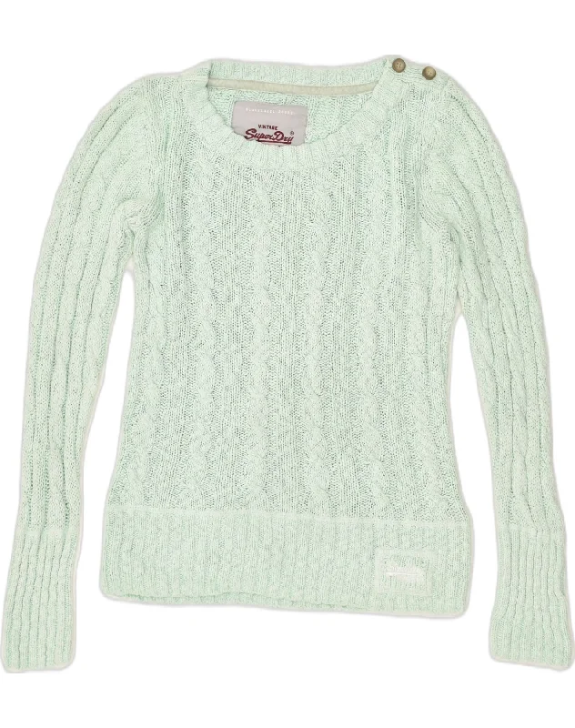 SUPERDRY Womens Crew Neck Jumper Sweater UK 12 Medium Green Cotton Cashmere Blend Cotton Blend Poly Blend SUPERDRY Womens Crew Neck Jumper Sweater UK 12 Medium Green Cotton Cashmere Blend Cotton Blend Poly Blend
