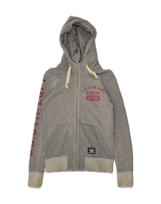 SUPERDRY Womens Graphic Zip Hoodie Sweater UK 12 Medium Grey Cotton Beaded Sweater Sequined Faux Fur SUPERDRY Womens Graphic Zip Hoodie Sweater UK 12 Medium Grey Cotton Beaded Sweater Sequined Faux Fur