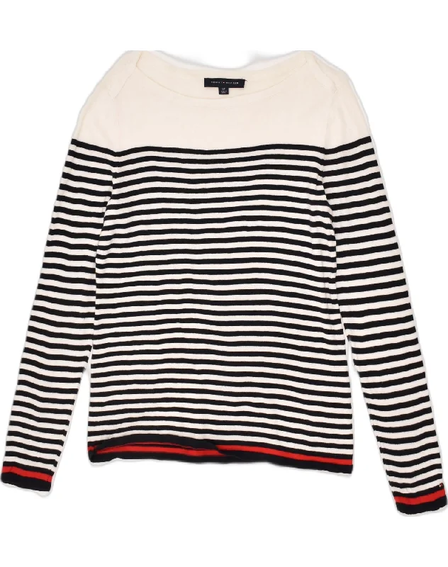 TOMMY HILFIGER Womens Boat Neck Jumper Sweater UK 10 Small White Striped Soft Cozy Warm TOMMY HILFIGER Womens Boat Neck Jumper Sweater UK 10 Small White Striped Soft Cozy Warm