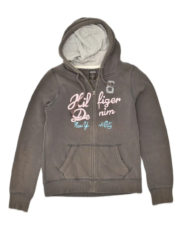 TOMMY HILFIGER Womens Graphic Zip Hoodie Sweater UK 14 Medium Grey Cotton Fitted Loose Oversized TOMMY HILFIGER Womens Graphic Zip Hoodie Sweater UK 14 Medium Grey Cotton Fitted Loose Oversized