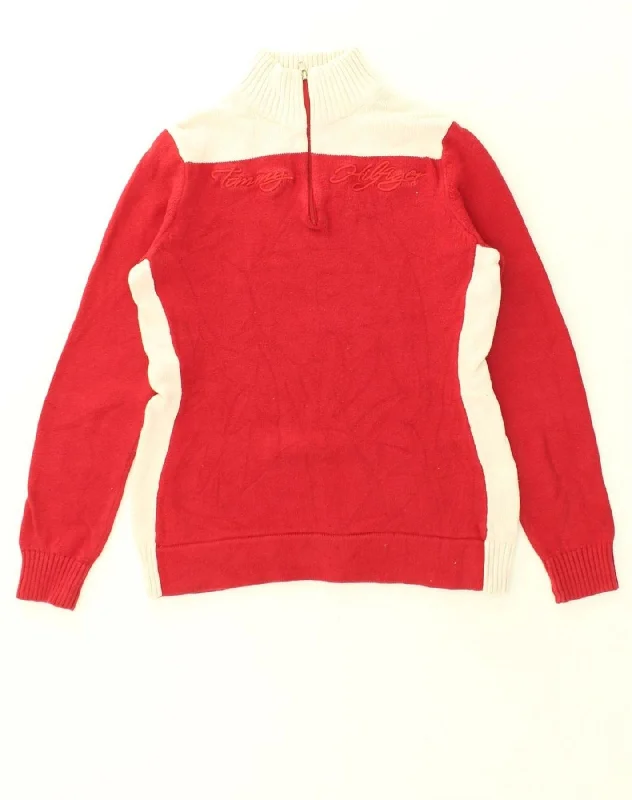 TOMMY HILFIGER Womens Graphic Zip Neck Jumper Sweater UK 10 Small Red Chenille Brocade Lace TOMMY HILFIGER Womens Graphic Zip Neck Jumper Sweater UK 10 Small Red Chenille Brocade Lace