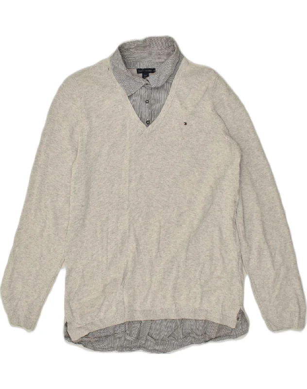TOMMY HILFIGER Womens Polo Neck Jumper Sweater UK 14 Large Grey Cotton Seamless Knitted Crochet TOMMY HILFIGER Womens Polo Neck Jumper Sweater UK 14 Large Grey Cotton Seamless Knitted Crochet