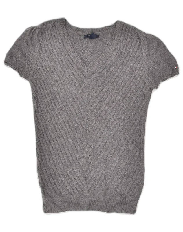 TOMMY HILFIGER Womens Short Sleeve V-Neck Jumper Sweater UK 6 XS Grey Turtle Neck Boat Neck Asymmetrical Neck TOMMY HILFIGER Womens Short Sleeve V-Neck Jumper Sweater UK 6 XS Grey Turtle Neck Boat Neck Asymmetrical Neck