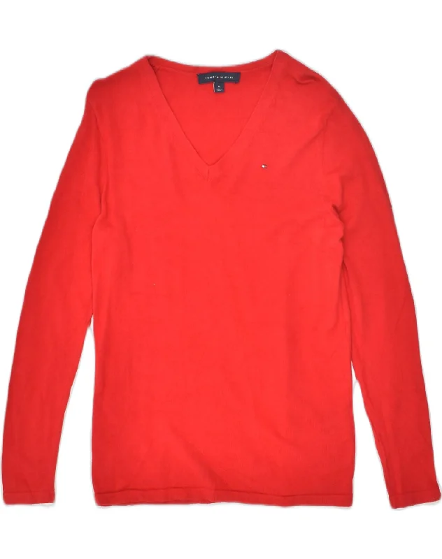 TOMMY HILFIGER Womens V-Neck Jumper Sweater UK 12 Medium Red Open Front Closed Front Wrap Front TOMMY HILFIGER Womens V-Neck Jumper Sweater UK 12 Medium Red Open Front Closed Front Wrap Front