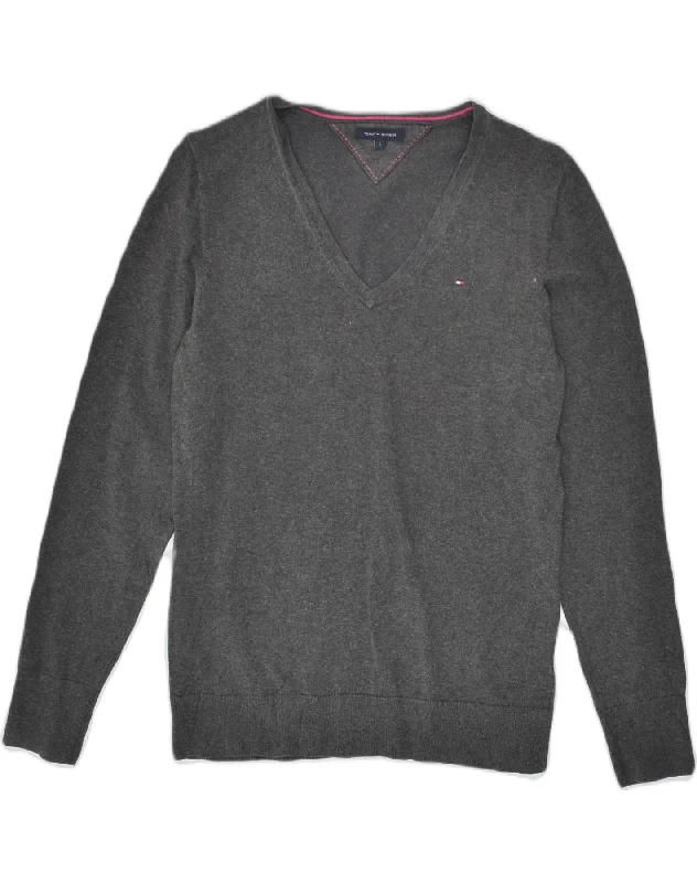 TOMMY HILFIGER Womens V-Neck Jumper Sweater UK 14 Large Grey Cotton Cotton Fabric Linen Fabric Terry Fabric TOMMY HILFIGER Womens V-Neck Jumper Sweater UK 14 Large Grey Cotton Cotton Fabric Linen Fabric Terry Fabric
