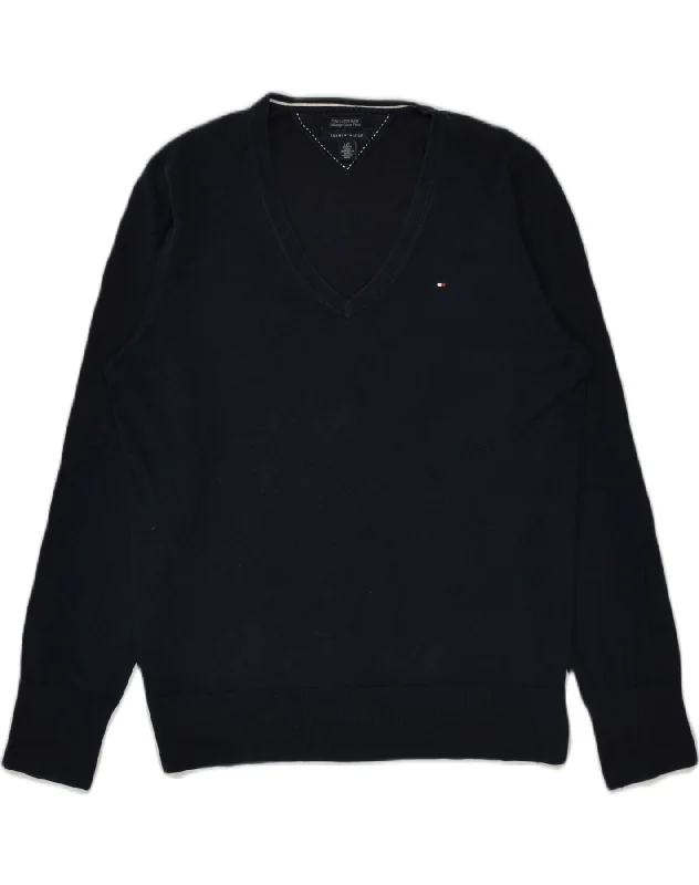TOMMY HILFIGER Womens V-Neck Jumper Sweater UK 14 Large Navy Blue Cotton Seamless Knitted Crochet TOMMY HILFIGER Womens V-Neck Jumper Sweater UK 14 Large Navy Blue Cotton Seamless Knitted Crochet