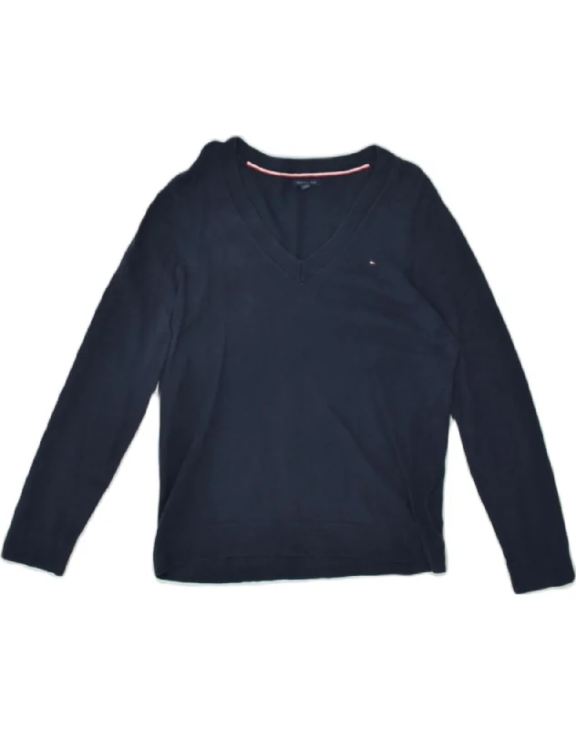 TOMMY HILFIGER Womens V-Neck Jumper Sweater UK 14 Large Navy Blue Cotton Long Sweater Short Sweater Cropped Sweater TOMMY HILFIGER Womens V-Neck Jumper Sweater UK 14 Large Navy Blue Cotton Long Sweater Short Sweater Cropped Sweater
