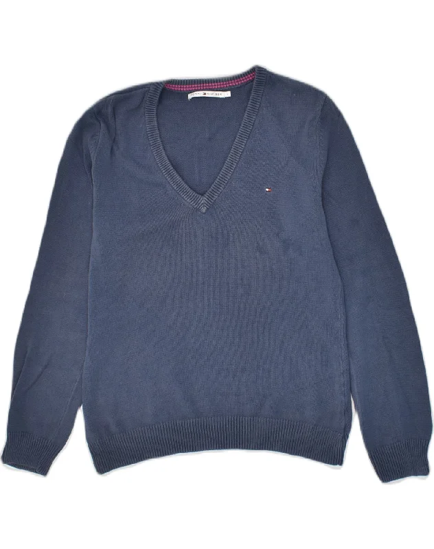 TOMMY HILFIGER Womens V-Neck Jumper Sweater UK 14 Large Navy Blue Cotton Long Sweater Short Sweater Cropped Sweater TOMMY HILFIGER Womens V-Neck Jumper Sweater UK 14 Large Navy Blue Cotton Long Sweater Short Sweater Cropped Sweater