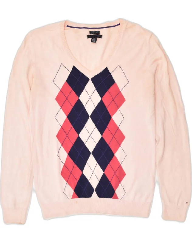 TOMMY HILFIGER Womens V-Neck Jumper Sweater UK 14 Medium Pink Mesh Blend Leather Blend Suede Blend TOMMY HILFIGER Womens V-Neck Jumper Sweater UK 14 Medium Pink Mesh Blend Leather Blend Suede Blend