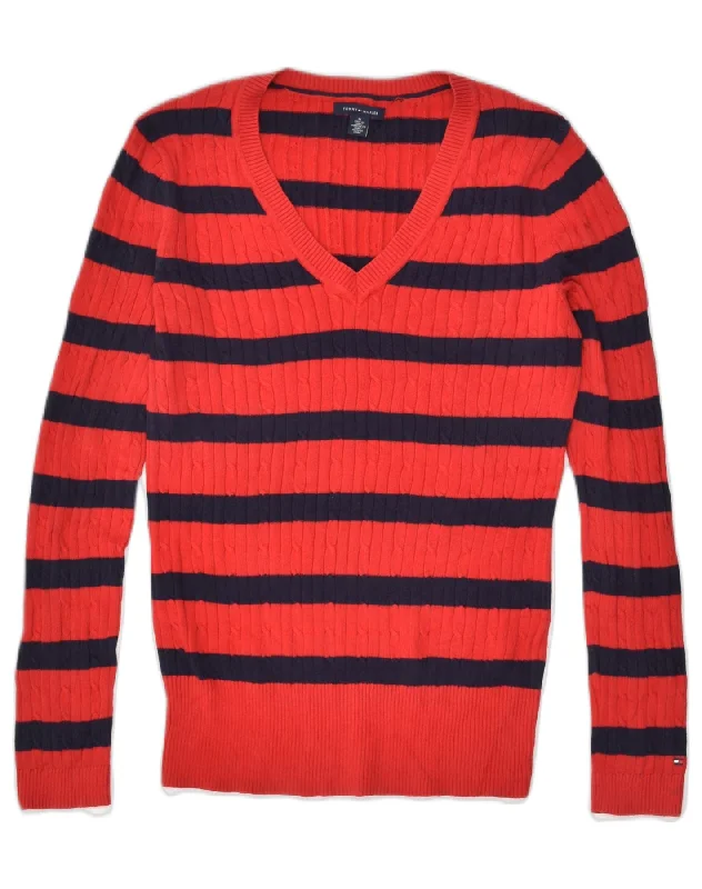 TOMMY HILFIGER Womens V-Neck Jumper Sweater UK 14 Medium Red Striped Sequined Glittery Shiny TOMMY HILFIGER Womens V-Neck Jumper Sweater UK 14 Medium Red Striped Sequined Glittery Shiny