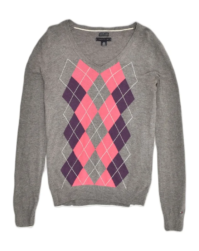 TOMMY HILFIGER Womens V-Neck Jumper Sweater UK 6 XS Grey Argyle/Diamond Real Fur Shearling Chenille TOMMY HILFIGER Womens V-Neck Jumper Sweater UK 6 XS Grey Argyle/Diamond Real Fur Shearling Chenille