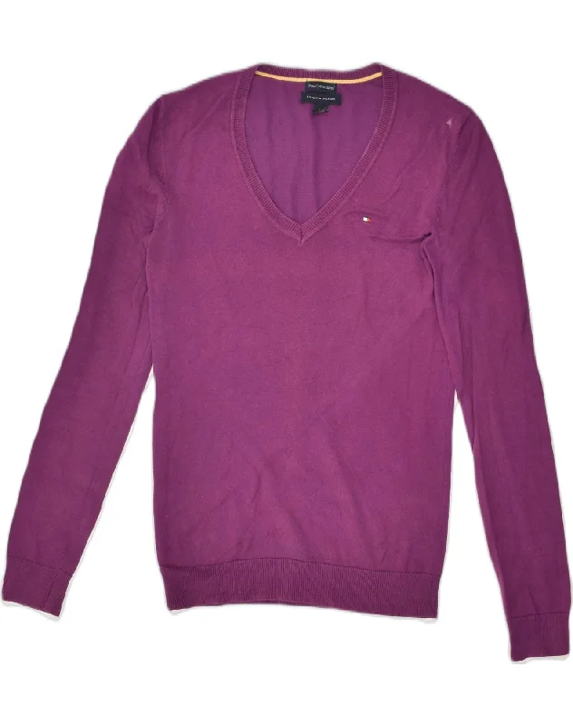 TOMMY HILFIGER Womens V-Neck Jumper Sweater UK 6 XS Purple Cotton Satin Blend Silk Blend Wool Blend TOMMY HILFIGER Womens V-Neck Jumper Sweater UK 6 XS Purple Cotton Satin Blend Silk Blend Wool Blend