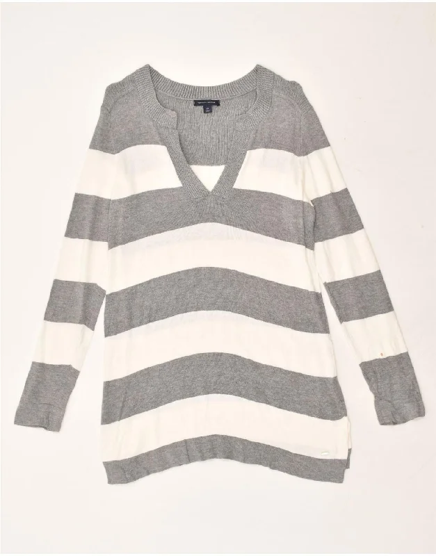 TOMMY HILFIGER Womens V-Neck Jumper Sweater UK 8 Small Grey Striped Cotton Knit Fabric Woven Fabric Fleece Fabric TOMMY HILFIGER Womens V-Neck Jumper Sweater UK 8 Small Grey Striped Cotton Knit Fabric Woven Fabric Fleece Fabric