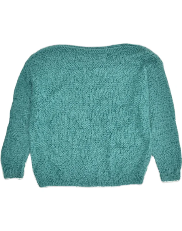 VINTAGE Womens Boat Neck Jumper Sweater UK 14 Large Turquoise Solid Print Embellished