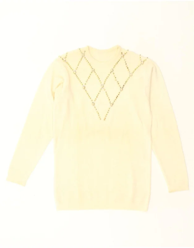 VINTAGE Womens Crew Neck Jumper Sweater UK 14 Medium Beige Argyle/Diamond Neon Metallic Matte VINTAGE Womens Crew Neck Jumper Sweater UK 14 Medium Beige Argyle/Diamond Neon Metallic Matte