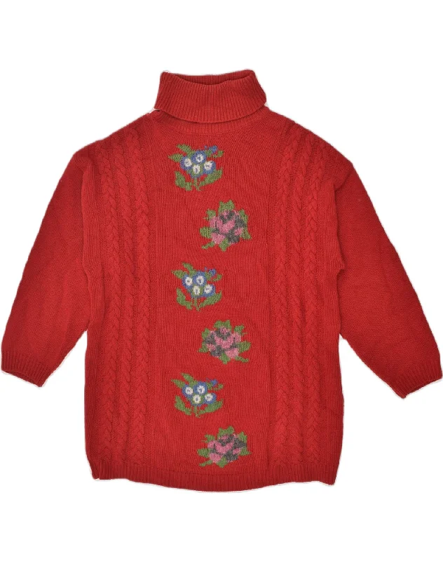 VINTAGE Womens Roll Neck Jumper Sweater UK 14 Medium Red Floral Wool Faux Fur Fabric Real Fur Fabric Shearling Fabric VINTAGE Womens Roll Neck Jumper Sweater UK 14 Medium Red Floral Wool Faux Fur Fabric Real Fur Fabric Shearling Fabric