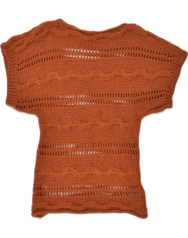 VINTAGE Womens Short Sleeve Boat Neck Jumper Sweater UK 10 Small Brown Front Pockets Side Pockets Patch Pockets VINTAGE Womens Short Sleeve Boat Neck Jumper Sweater UK 10 Small Brown Front Pockets Side Pockets Patch Pockets