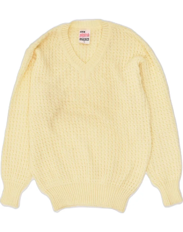 VINTAGE Womens V-Neck Jumper Sweater IT 48 XL Yellow Wool Boat Neck Shawl Collar Notched Collar VINTAGE Womens V-Neck Jumper Sweater IT 48 XL Yellow Wool Boat Neck Shawl Collar Notched Collar