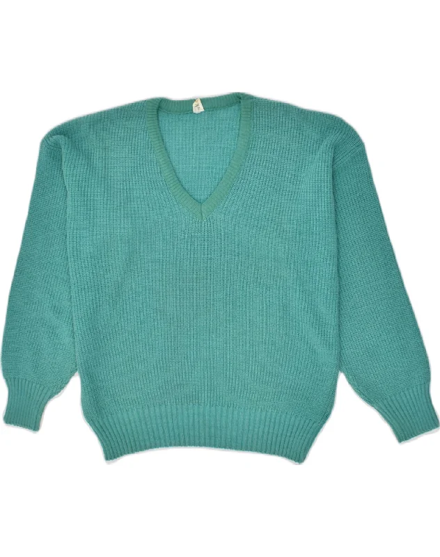 VINTAGE Womens V-Neck Jumper Sweater UK 10 Small Turquoise Cotton Bright Pastel Dark VINTAGE Womens V-Neck Jumper Sweater UK 10 Small Turquoise Cotton Bright Pastel Dark
