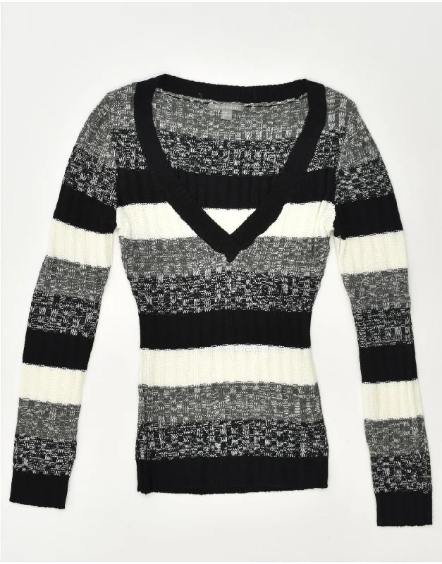 VINTAGE Womens V-Neck Jumper Sweater UK 14 Large Grey Striped Polka Dot Checkered Tartan VINTAGE Womens V-Neck Jumper Sweater UK 14 Large Grey Striped Polka Dot Checkered Tartan