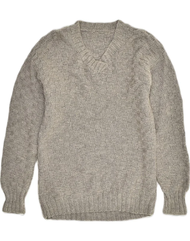 VINTAGE Womens V-Neck Jumper Sweater UK 14 Large Grey Ribbed Striped Patterned