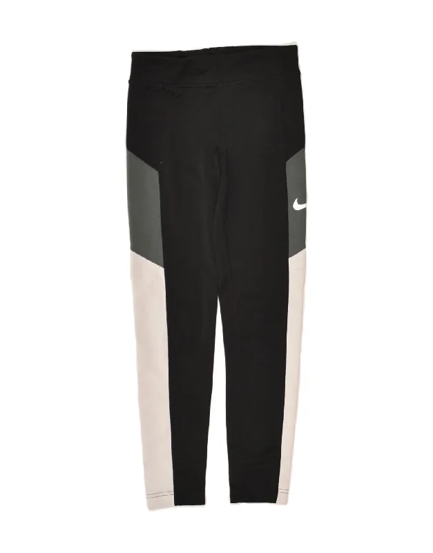 NIKE Womens Dri Fit Tracksuit Trousers UK 12 Medium Black Colourblock Trousers Canvas Durable
