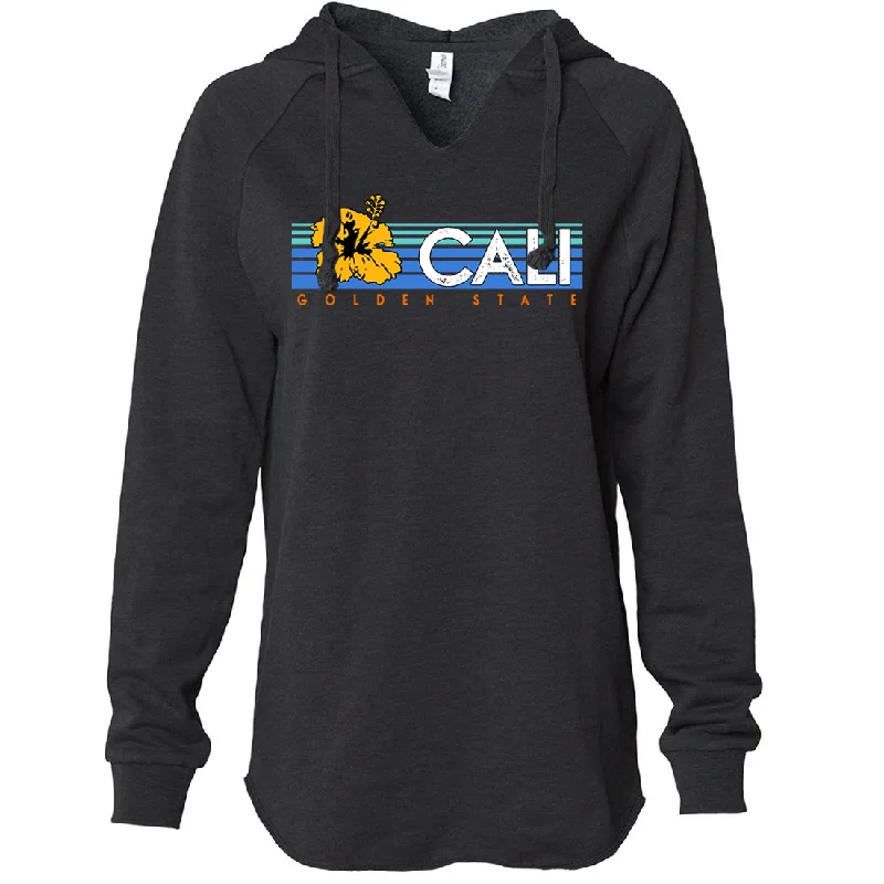 Cali Golden State Hibiscus Women's Soft Hooded Pullover Polo Neck Sweater