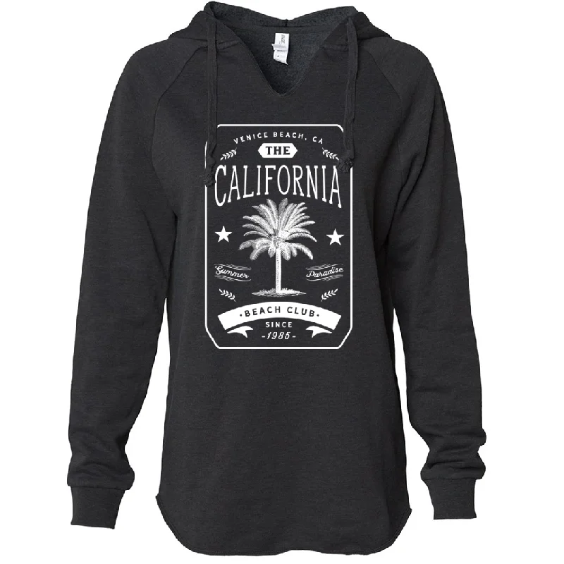 California Beach Club White Print Women's Soft Hooded Pullover Tapered Sleeve Pullover