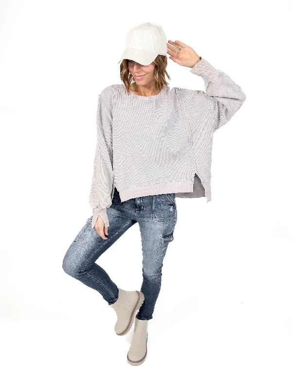 Keys Cotton Thermal Heavyweight Pullover- DUSTY BLUE Tight Sleeve Top