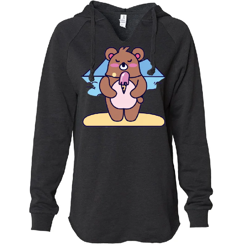 Kawaii Grizzly Bear Eating Ice Cream Women's Soft Hooded Pullover Mock Neck Pullover