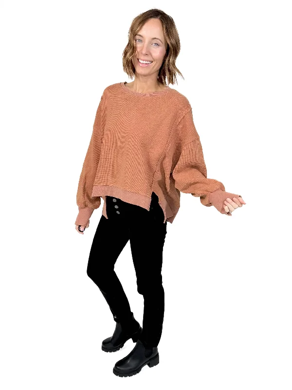 Keys Cotton Thermal Heavyweight Pullover- CAMEL Three Quarter Sleeve
