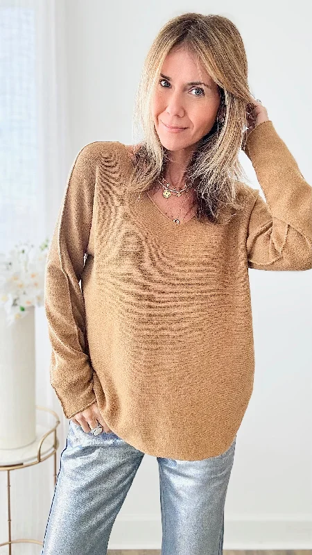 Soho Italian V-Neck Pullover - Camel Oblong Neck Pullover