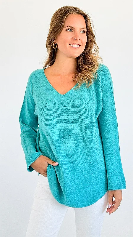 Soho Italian V-Neck Pullover - Turquoise Notched Neck Pullover