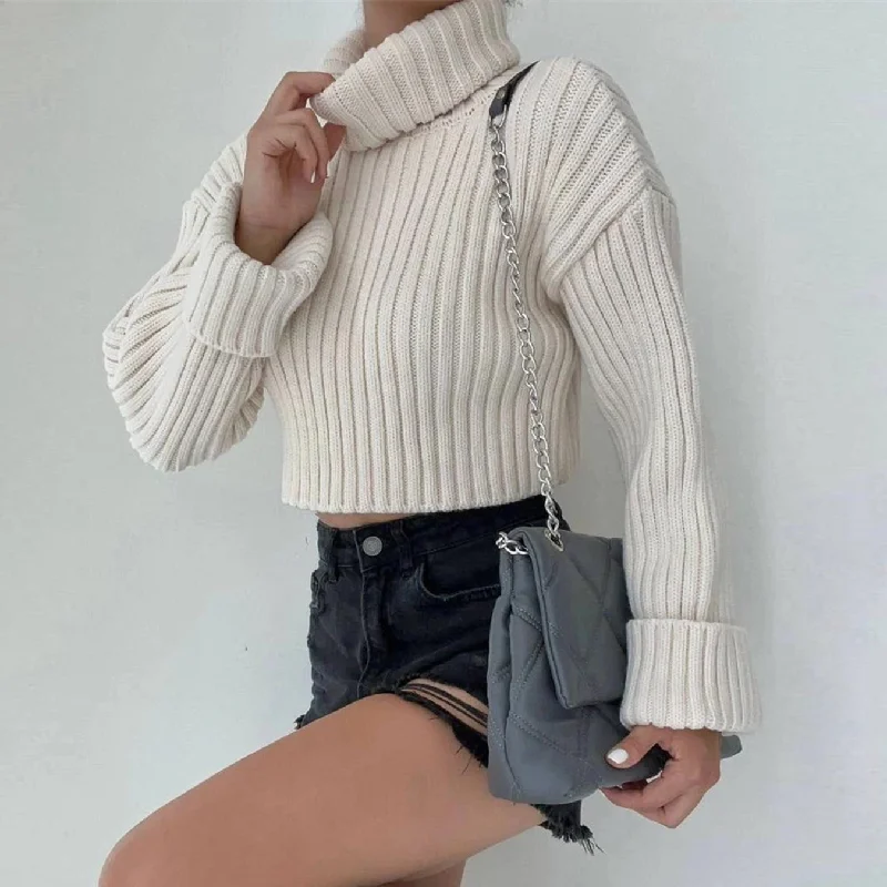 FZ Women's Thread Knitted Pullover High Collar Sweater Tight Sleeve Top