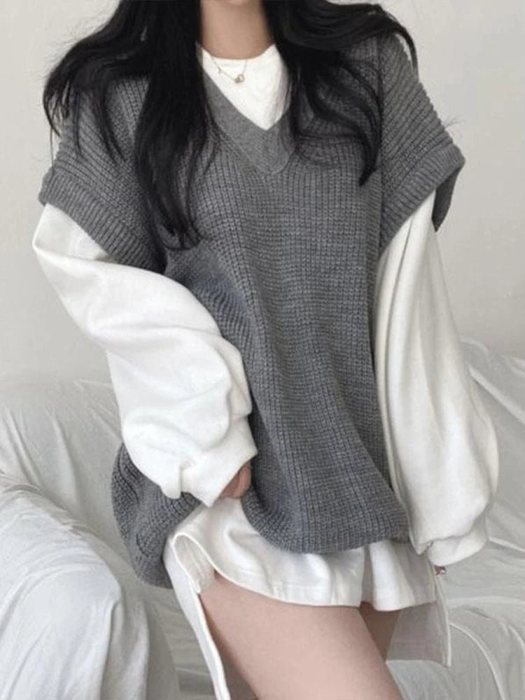 Autumn Winter Vest Women Korean Style Knitted Sweaters Female Oversized Preppy Jumper Ladies Casual Loose Long Sleeve Pullovers Elbow Length Sleeve