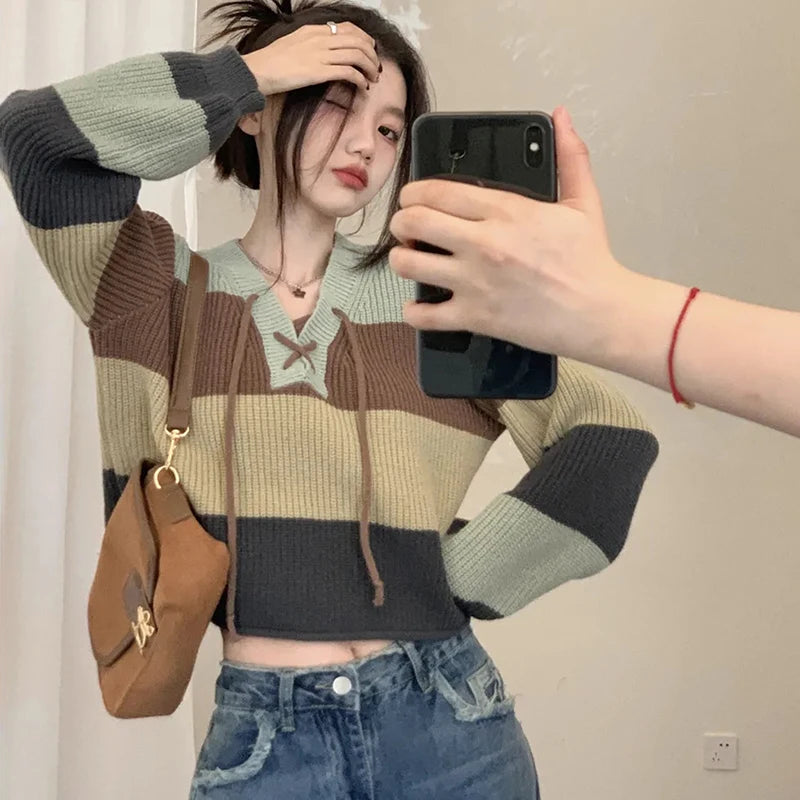 Biyaby Contrast Lace-Up V-Neck Sweater Ladies Preppy Style Basic Long Sleeve Knitted Pullovers Women 2023 Autumn Loose Knitwear Button Front Sweater Biyaby Contrast Lace-Up V-Neck Sweater Ladies Preppy Style Basic Long Sleeve Knitted Pullovers Women 2023 Autumn Loose Knitwear Button Front Sweater