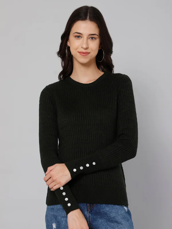 Women's Casual  Olive Green Round neck Pullover Sweater Bishop Sleeve Elegant