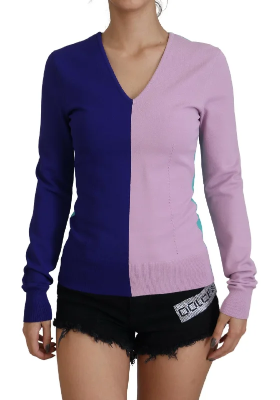 Chic Multicolor V-Neck Pullover Sweater Oversized Cozy Pullover