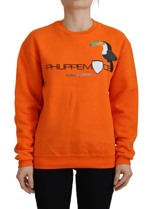 Chic Orange Printed Long Sleeve Pullover Sweater Faux Fur Trim