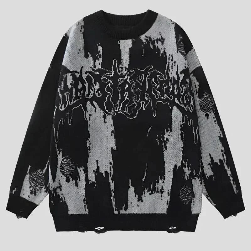 Distressed Knit Sweater – Unisex Goth Pullover Bateau Neck Pullover