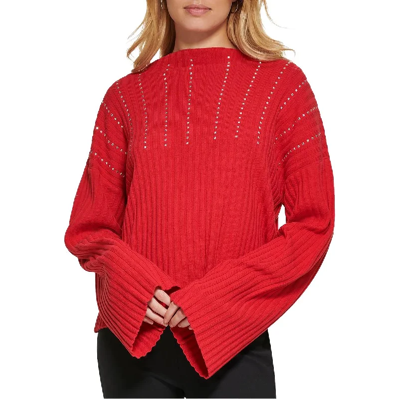 DKNY Womens Embellished Cotton Pullover Sweater Port Neck Pullover