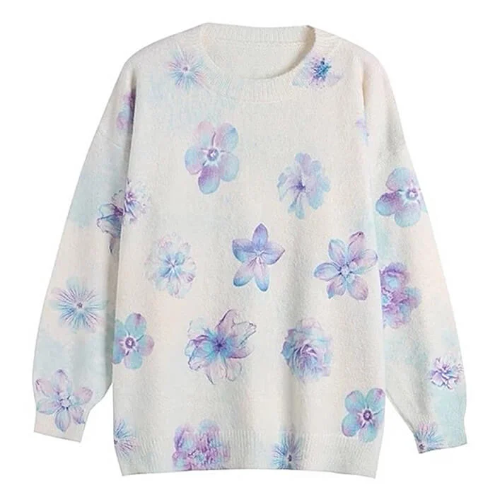 Dreamy Blossom Knit Pullover Ribbed Crew Neck