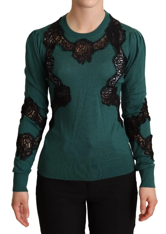 Elegant Green Pullover with Black Lace Detail Seamless Knit Pullover
