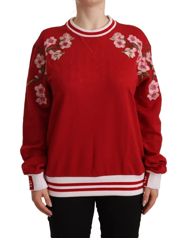 Elegant Red Crewneck Pullover with Floral Motif Fitted Ribbed Sweater